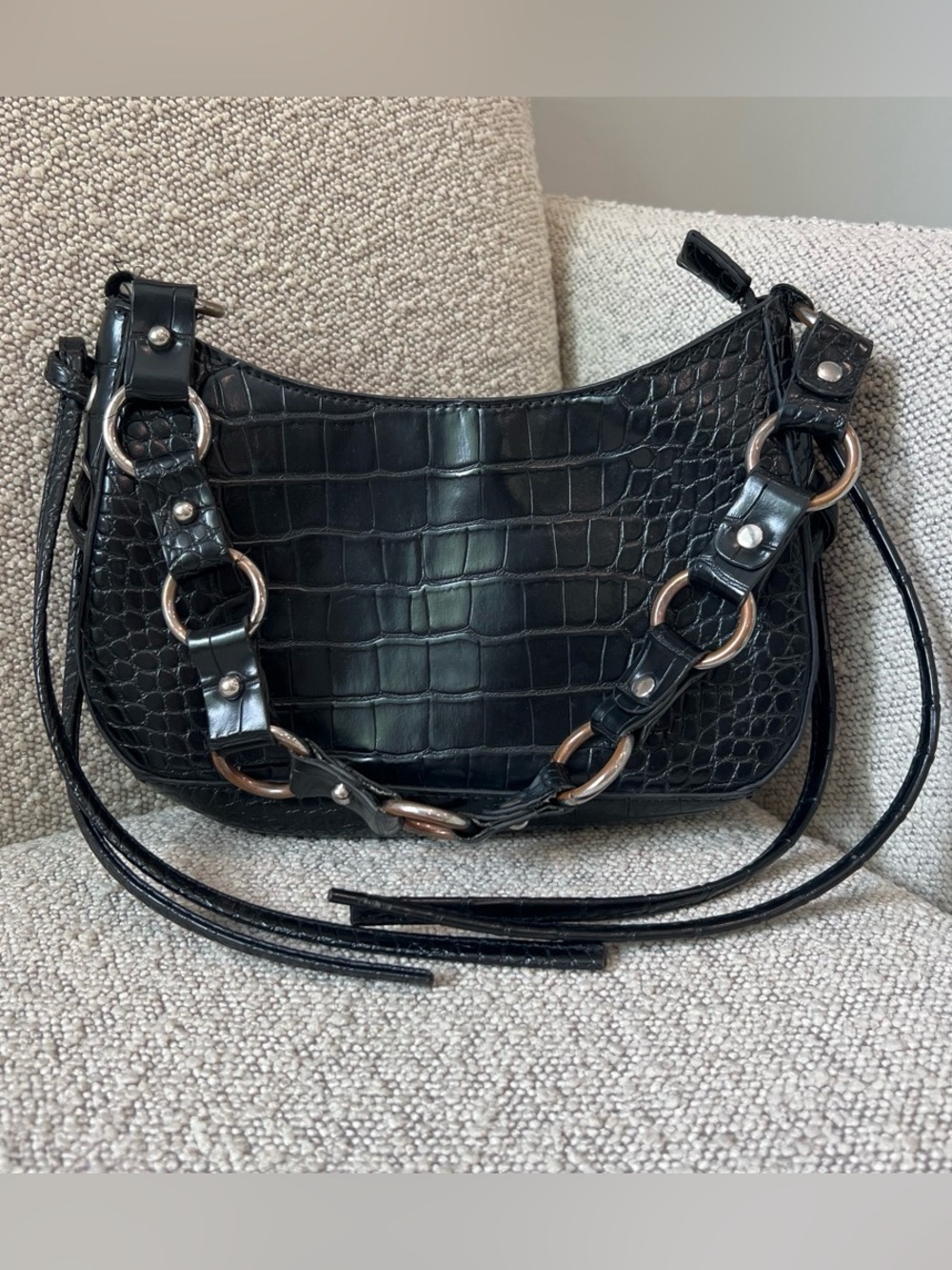 Urban Outfitters Black Croc-Embossed Shoulder Bag with Chain Detail